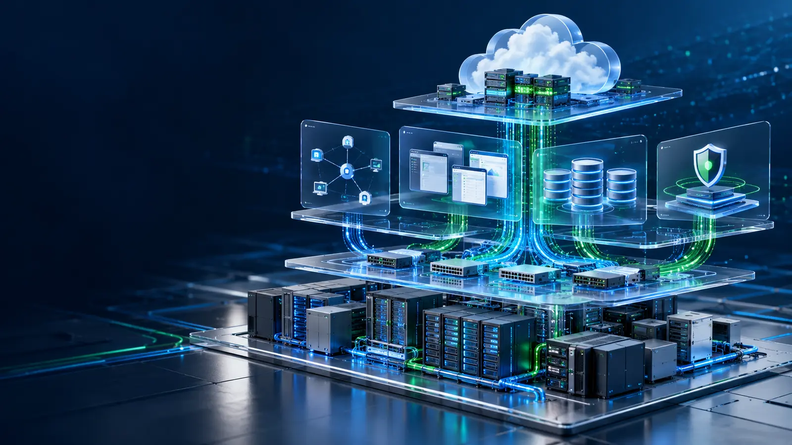 Arquitetura de tecnologia integrando hardware, redes, softwares, dados, segurança e nuvem