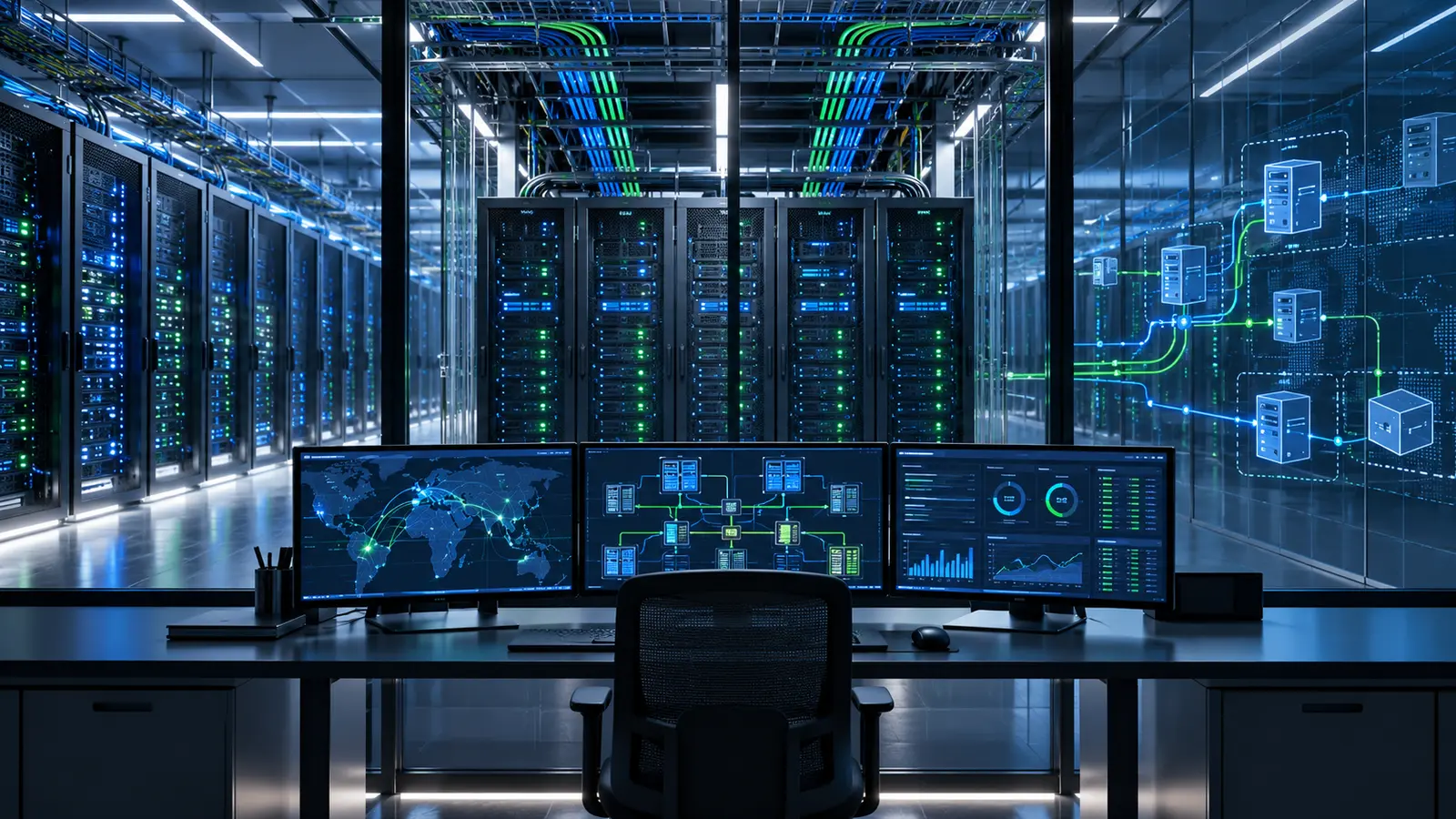 Centro de operações monitorando servidores, redes e infraestrutura crítica de TI